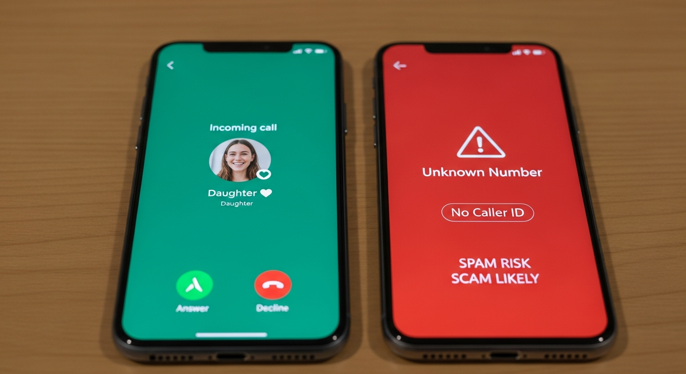 Two phones showing a safe call and a scam call warning